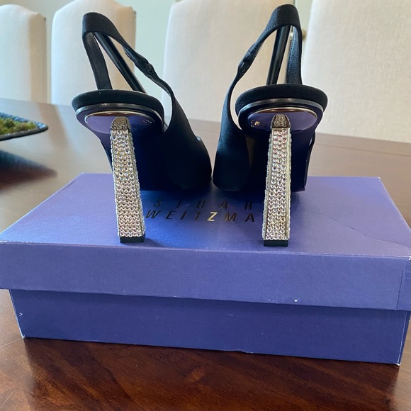 Stuart Weitzman Black Satin Slingbacks with Crystal Rhinestone Studded Heels - Picture 13 of 15